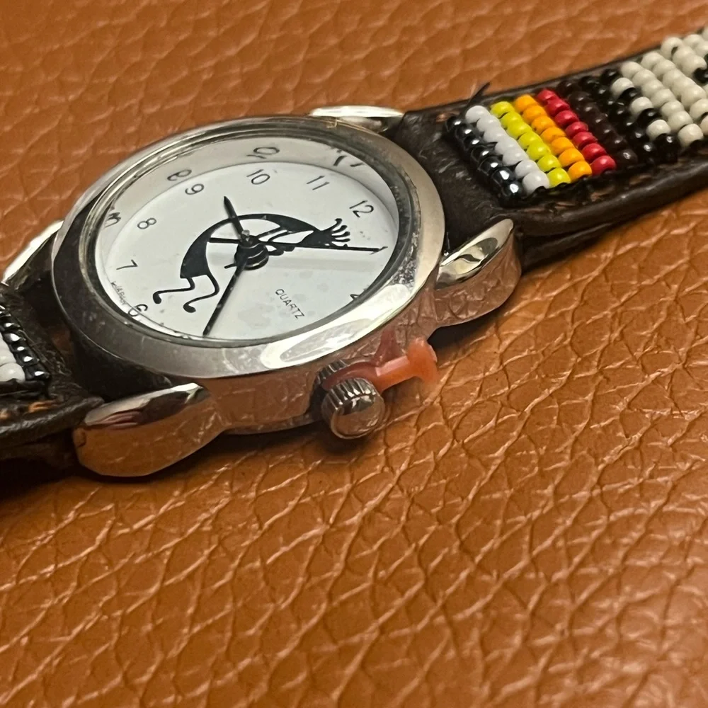 Original kokopelli Beaded Leather Watch with Brown Strap brand new